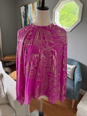 Lilly Pulitzer Caline Long-Sleeve Fuchsia Palm Leaf Silk Blouse